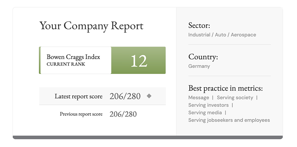 The Your Company Report panel shows the current score, previous score and index rank of a company in the Index. The Sector, Country and any Best practice metrics are also shown.