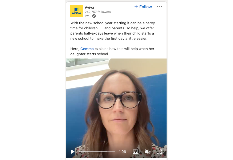 An Aviva employee speaks to camera about the positive personal impact of Aviva’s policy to offer half a day of annual leave to parents when their child starts a new school