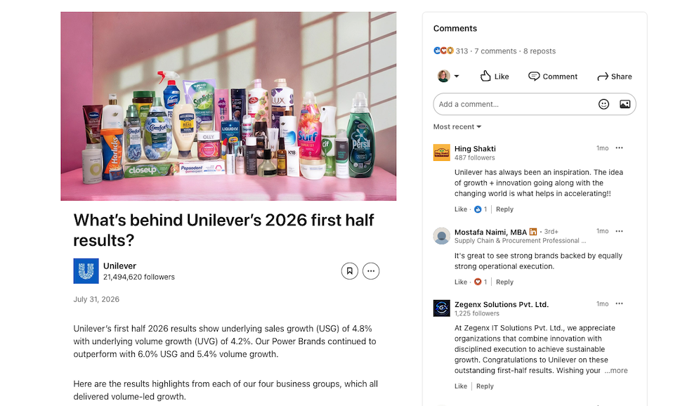 LinkedIn post show an image of Unilever products above the headline What's behind Unilever's 2026 first half results? The beginnings of a summary are shown below