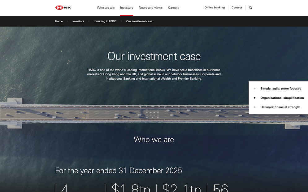 Our investment case page on HSBC.com has a brief summary, a title Who we are and sets out key data for the year to 31 December 2025 over an aerial view of a pedestrian bridge. A pop-out panel to the right of the page offers bullets for Simple, agile, more focussed; Organisational simplification; and Hallmark financial strength