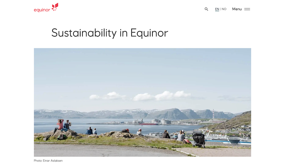 The "Sustainability" page shows a scenic landscape