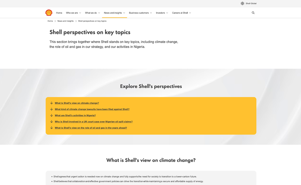 Shell perspectives on key topics page has a panel labelled Explore Shell's perspectives with five linked options. The top is What is Shell's view on climate change? This heading is shown above a second panel at the bottom of the image which sets out bullet points explaining the company position.