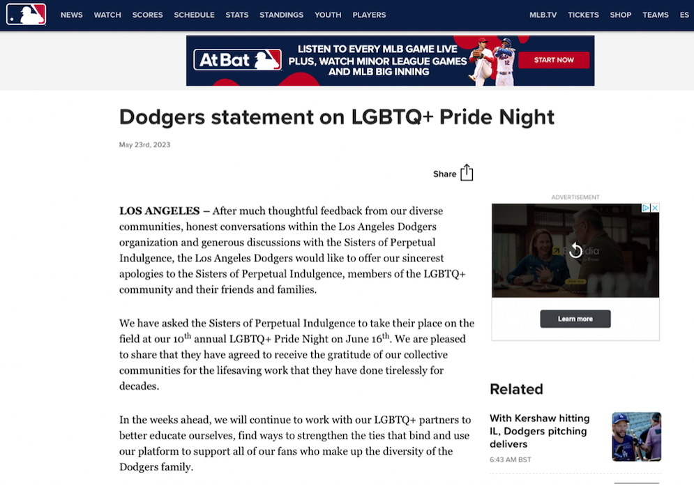 Image shows Dodgers statement on LGBTQ+ Pride Night on the club website.
