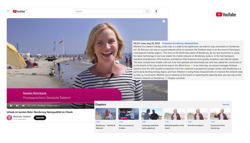 A composite image shows a recent Deutsche Telekom YouTube video featuring a smiling blond woman in a beach. A text box shows detailed copy, while chapters set out the various topics covered in the 3 minute film