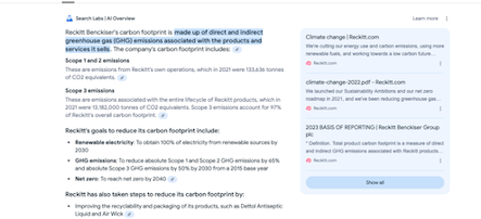 A screenshot of Google's AI overview for the search "What is Reckitts' carbon footprint?"