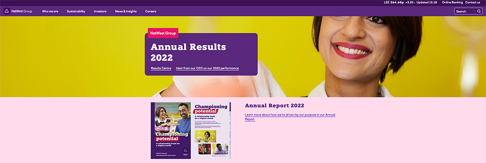 Light pink and ochre are bold colour choices for the visual background on NatWest Group's corporate site