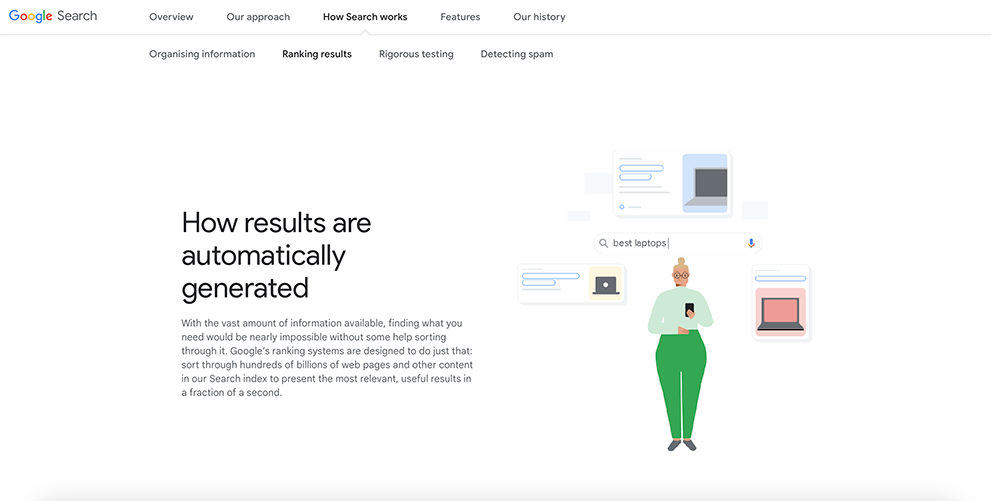 Landing page of Google Search explaining how results are automatically generated