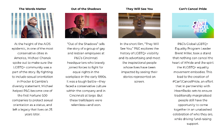 The LGBTQ Visibility page on pg.co.uk shows four columns, each headed by an image. The headings read (l-r) The Words Matter, showing an image of an older white man in a hat, Out of the shadows, showing an image of an older black man in a suit, They Will See You, showing an image of a black person in glasses and purple lipstick, and Can't Cancel Pride, showing a graphic with the same title and Covid-19