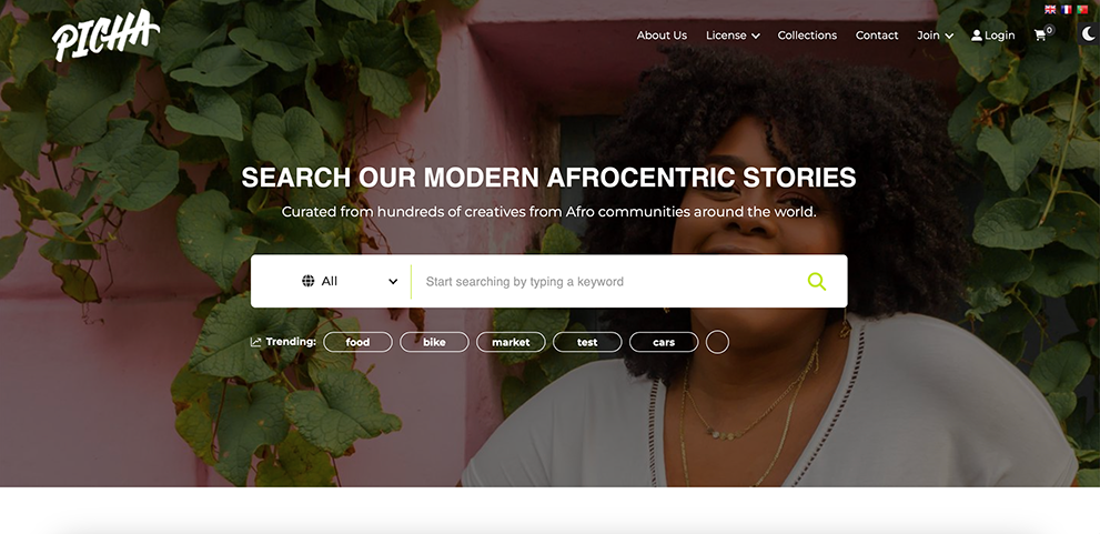 Screenshot of the PICHA Stock home page, a stock photo library which provides curated, diverse Afrocentric visuals