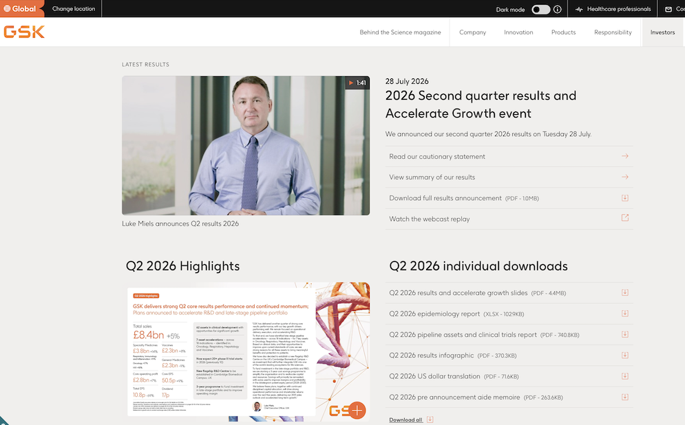 GSKs results page shows a video of the CEO alongside links to resources under the heading 2026 second quarter results and accelerate growth event. The row below has a graphic Q2 2026 highlights image of a summary slide alongside resource downloads