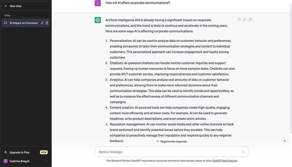 Screengrab of ChatGPT's answer to the question ‘How will AI affect corporate communications?’