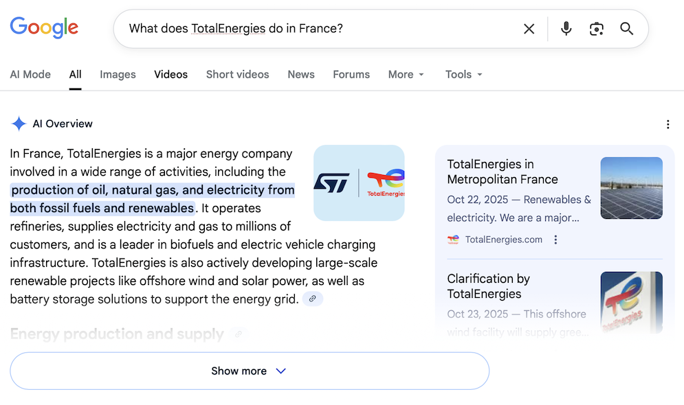 A Google AI Overview shows a summary introduction to TotalEnergies with references from the company site
