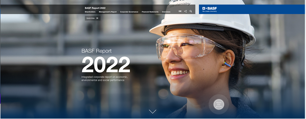 The BASF homepage features a full-screen photo of a smiling person with a construction site helmet and protective glasses next to a "BASF Report 2022" disclaimer