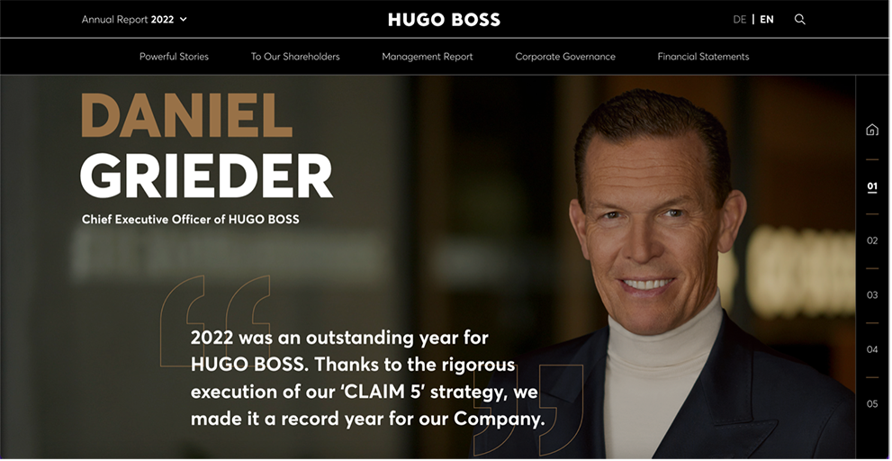 The Hugo Boss annual report site features a full-screen photo of a smiling man with a white turtleneck and blazer. "DANIEL GRIEDER, Chief Executive Officer at Hugo Boss" is written in capital letters above a quote