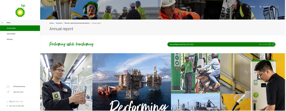 BP's annual report site features photo panels with visuals of employees at work drilling oil, at a gas station, and in the lab