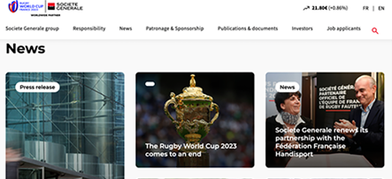 Société Générale's News section with two articles on Rugby