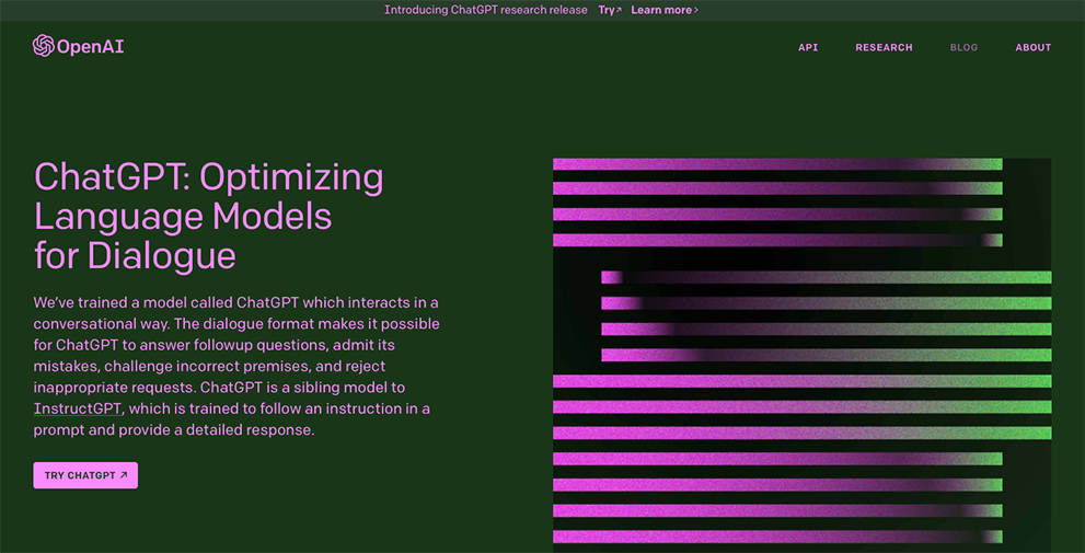 A page from the OpenAI site, pink-purple text on a dark green background with the Headline: ChatGPT: Optimising Language Models for Dialogue. A graphic of a block of pink-into-green lines sits to the right of the text block.