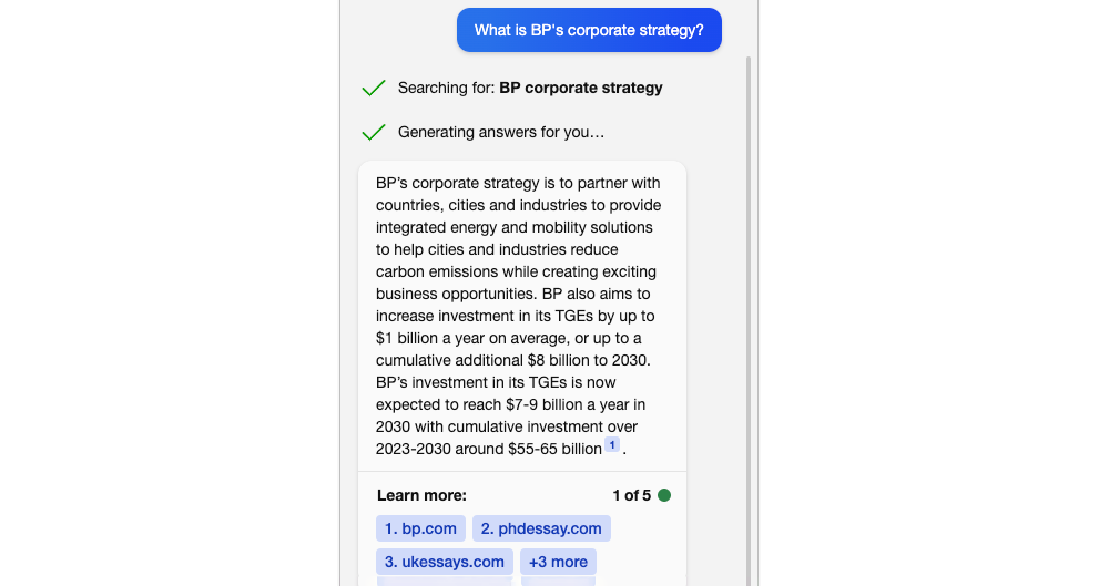 Screenshot of Bing AI chat about BP’s corporate strategy