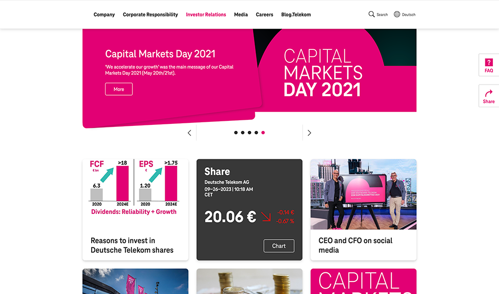 Deutsche Telekom's Investor Relations site features the signature pink company colour on content panels about financial numbers and capital markets events