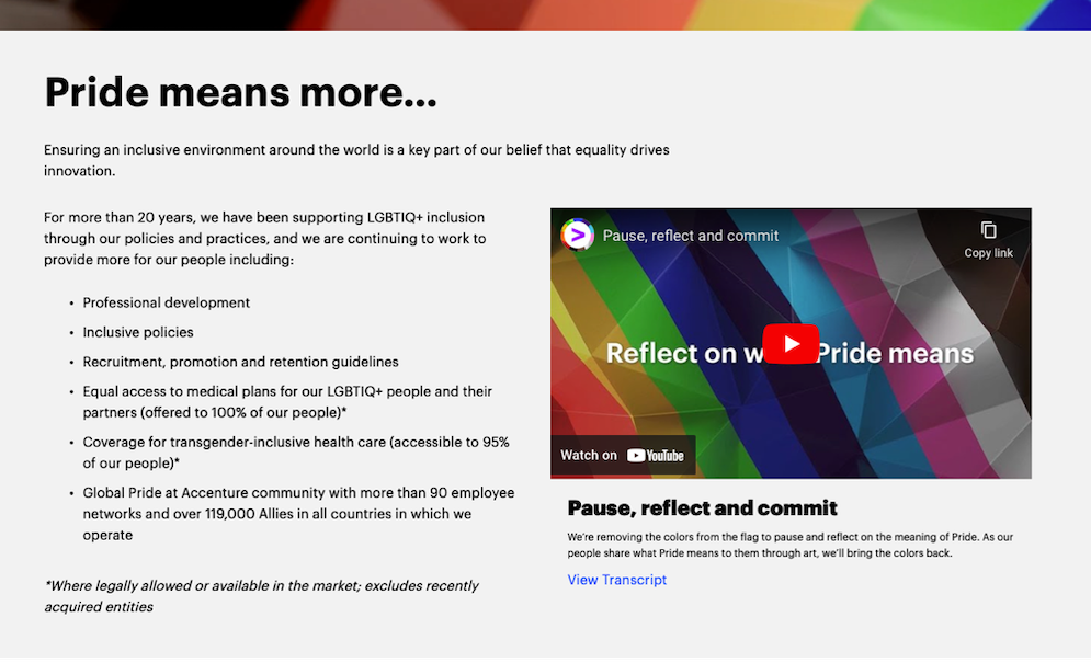 A Page on the Accenture site titled 'Pride means more' sets out the company position. A video panel to the right shows a stylised rippling rainbow flag with the words 'Reflect on what Pride means'