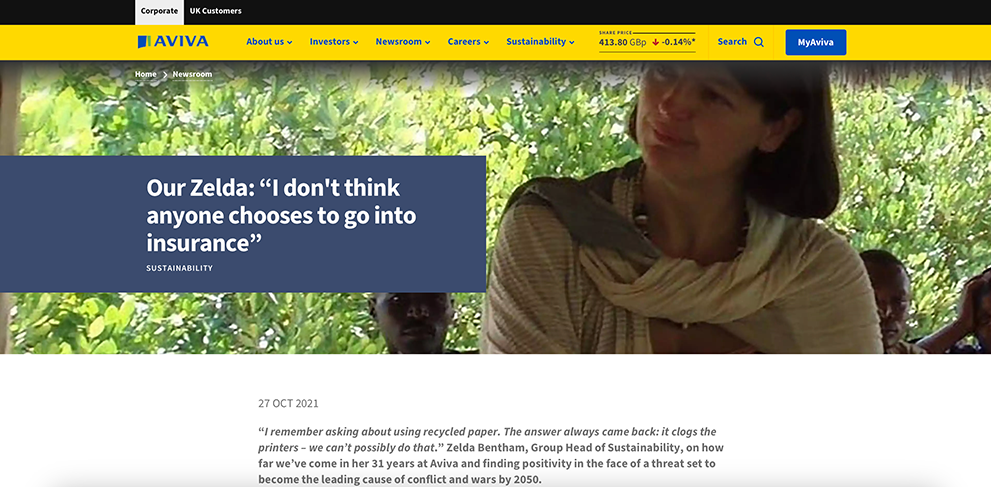 Screenshot of one of Aviva’s ‘Our People’ articles, featuring Zelda Bentham, Group Head of Sustainability.