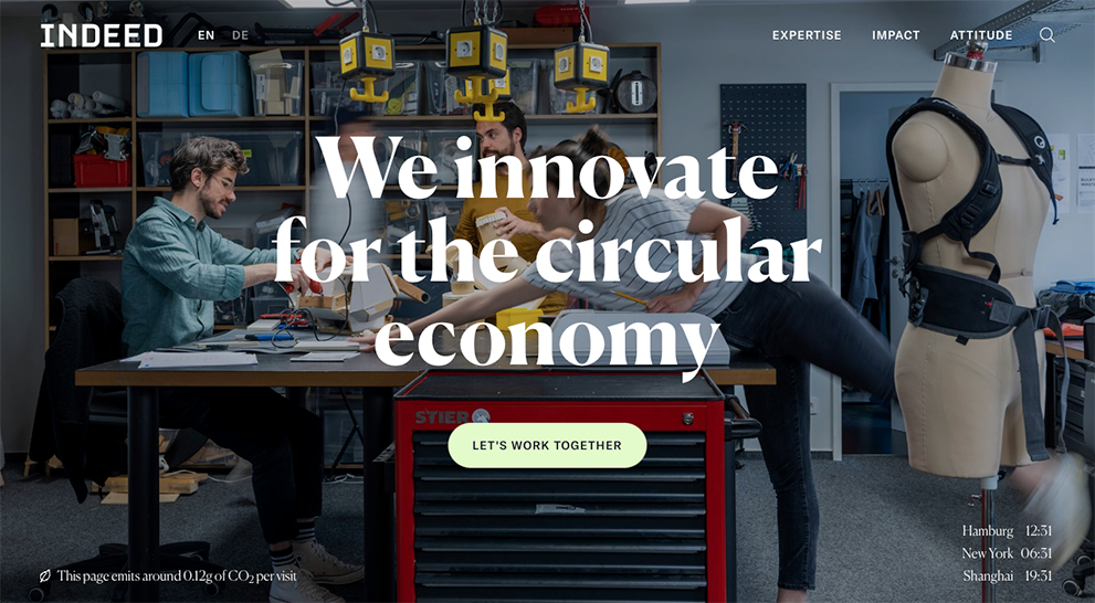 The website landing page of Indeed Innovation which reads "we innovate for the circular economy"