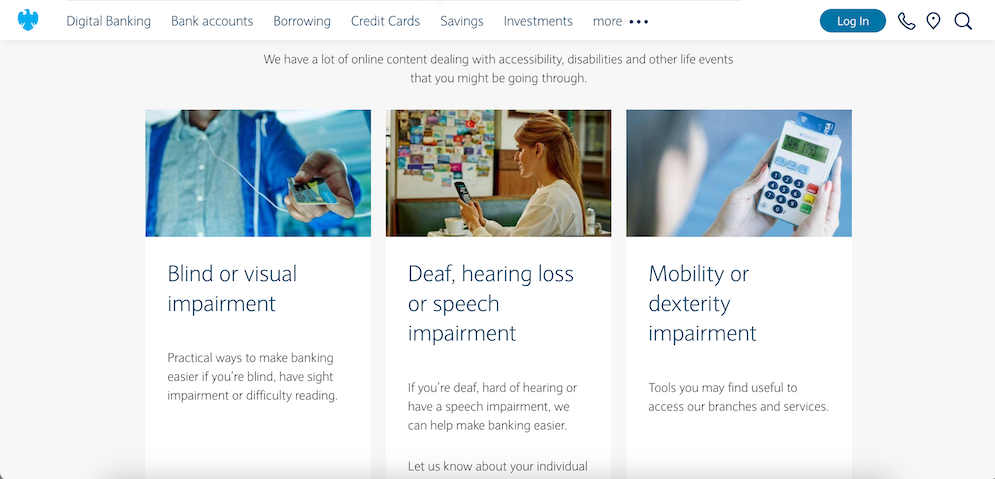 A screenshot from Barclays' corporate website featuring content related to accessibility