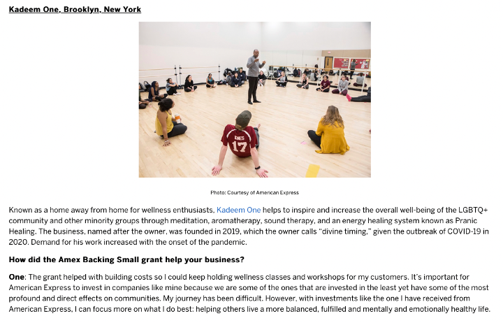 An American Express .com press release titled Kadeem One, Brooklyn, New York. The release includes an image showing a black man standing in a dance studio with a dozen or so young adults seated on the floor in a circle around him