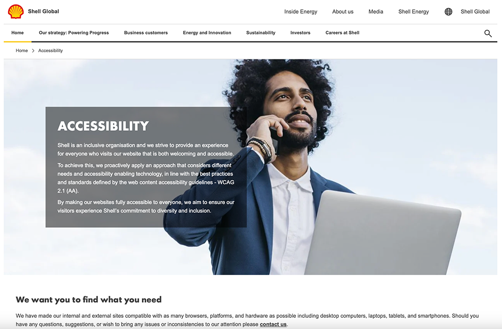 Shell's 'Accessibility' site features a visual of a man holding a phone and a text box with information about Shell's accessibility endeavours.